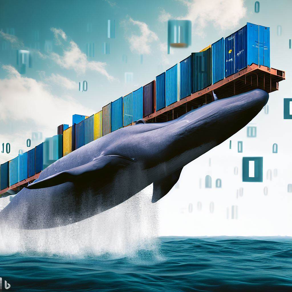 AI generated image from Bing Image Creator, from the prompt "large sperm whale with shipping containers on its back leaping out of water that is a sea of 1s and 0s"